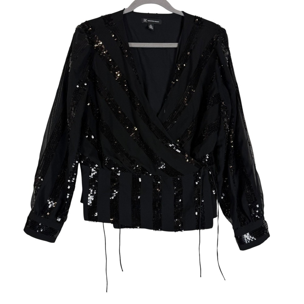 INC International Concepts Blouse Womens Large Black Sequin Long Sleeve V Neck